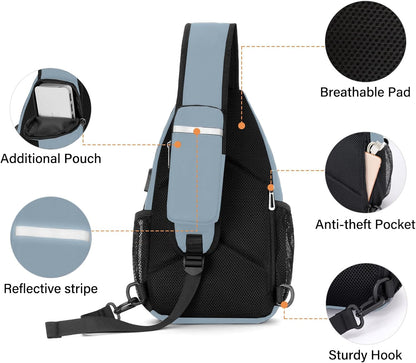 Sling Backpack Bag, Crossbody Shoulder Bag Travel Hiking Daypack Chest Bag with Front Square Pocket&USB Charging Port