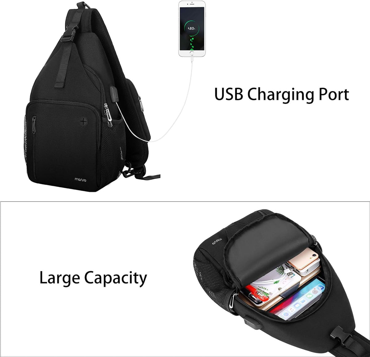 Sling Backpack Bag, Crossbody Shoulder Bag Travel Hiking Daypack Chest Bag with Front Square Pocket&USB Charging Port