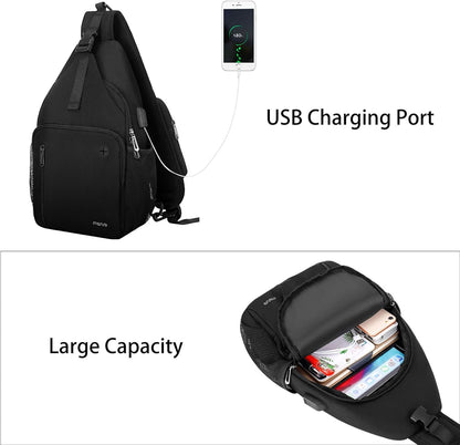 Sling Backpack Bag, Crossbody Shoulder Bag Travel Hiking Daypack Chest Bag with Front Square Pocket&USB Charging Port