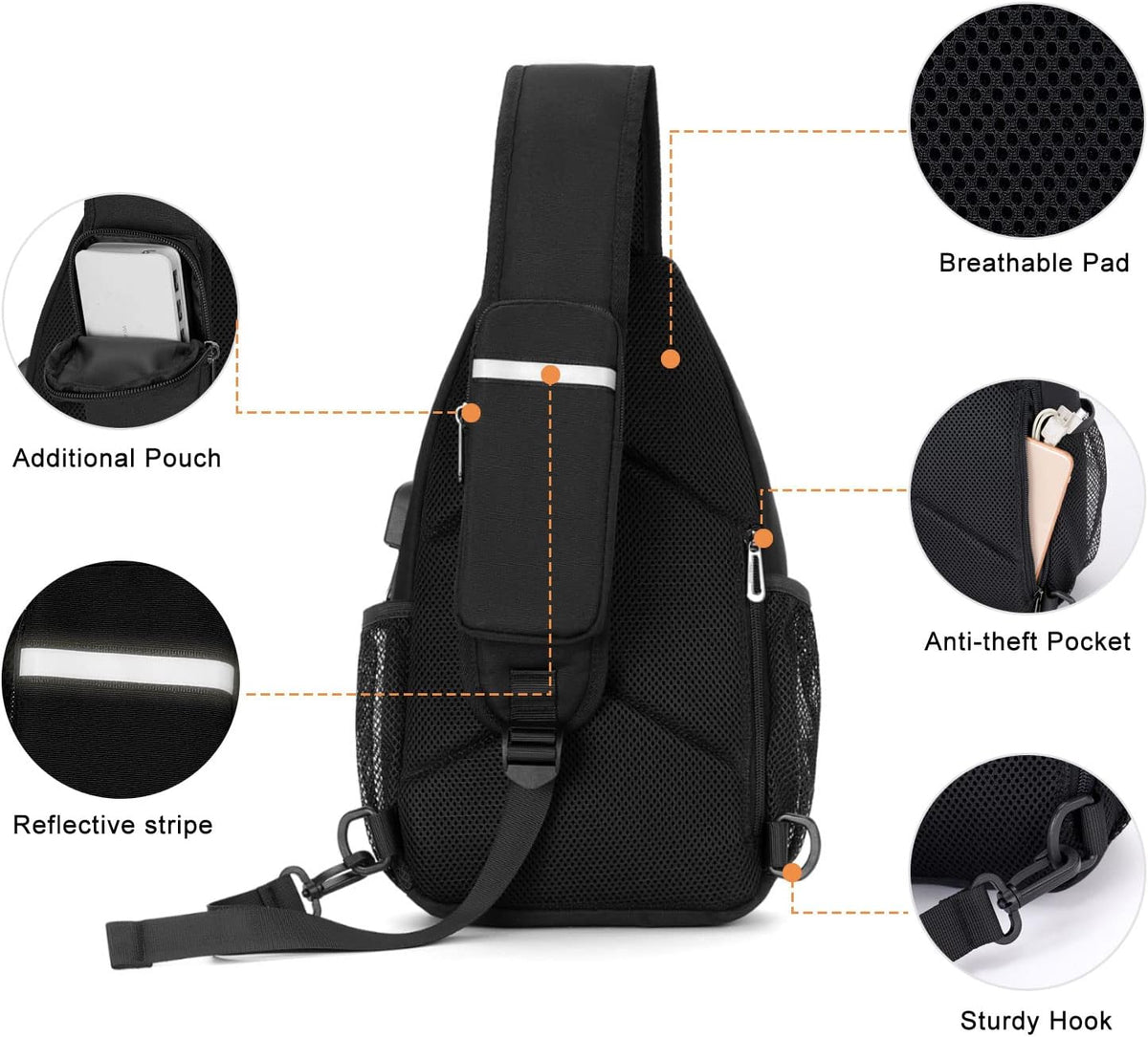 Sling Backpack Bag, Crossbody Shoulder Bag Travel Hiking Daypack Chest Bag with Front Square Pocket&USB Charging Port