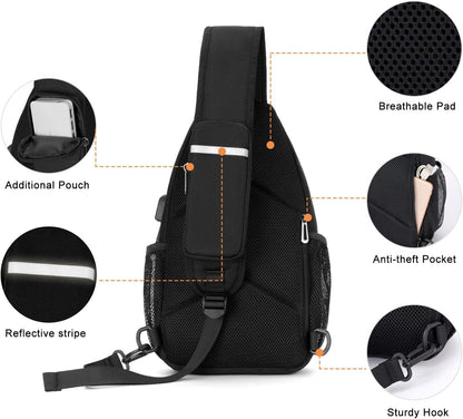 Sling Backpack Bag, Crossbody Shoulder Bag Travel Hiking Daypack Chest Bag with Front Square Pocket&USB Charging Port