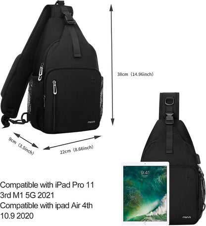 Sling Backpack Bag, Crossbody Shoulder Bag Travel Hiking Daypack Chest Bag with Front Square Pocket&USB Charging Port
