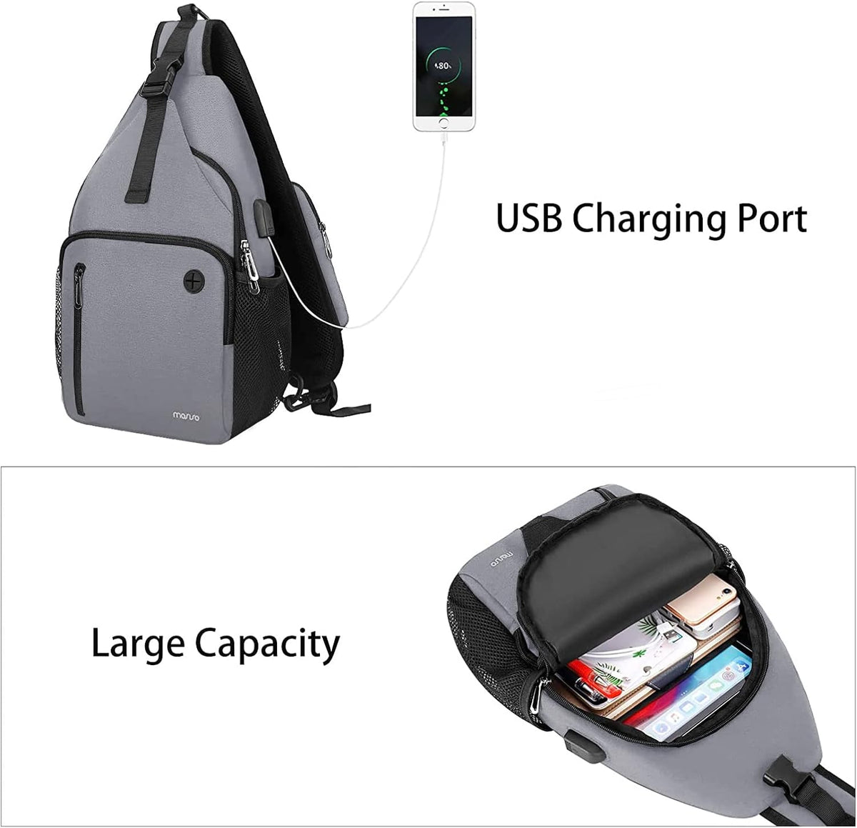 Sling Backpack Bag, Crossbody Shoulder Bag Travel Hiking Daypack Chest Bag with Front Square Pocket&USB Charging Port