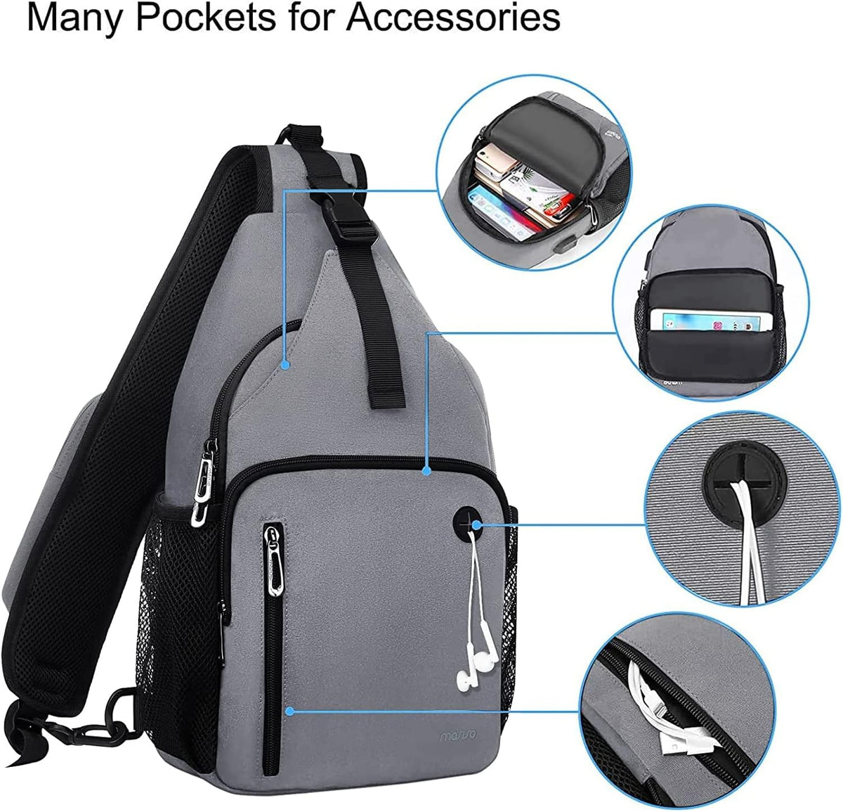 Sling Backpack Bag, Crossbody Shoulder Bag Travel Hiking Daypack Chest Bag with Front Square Pocket&USB Charging Port