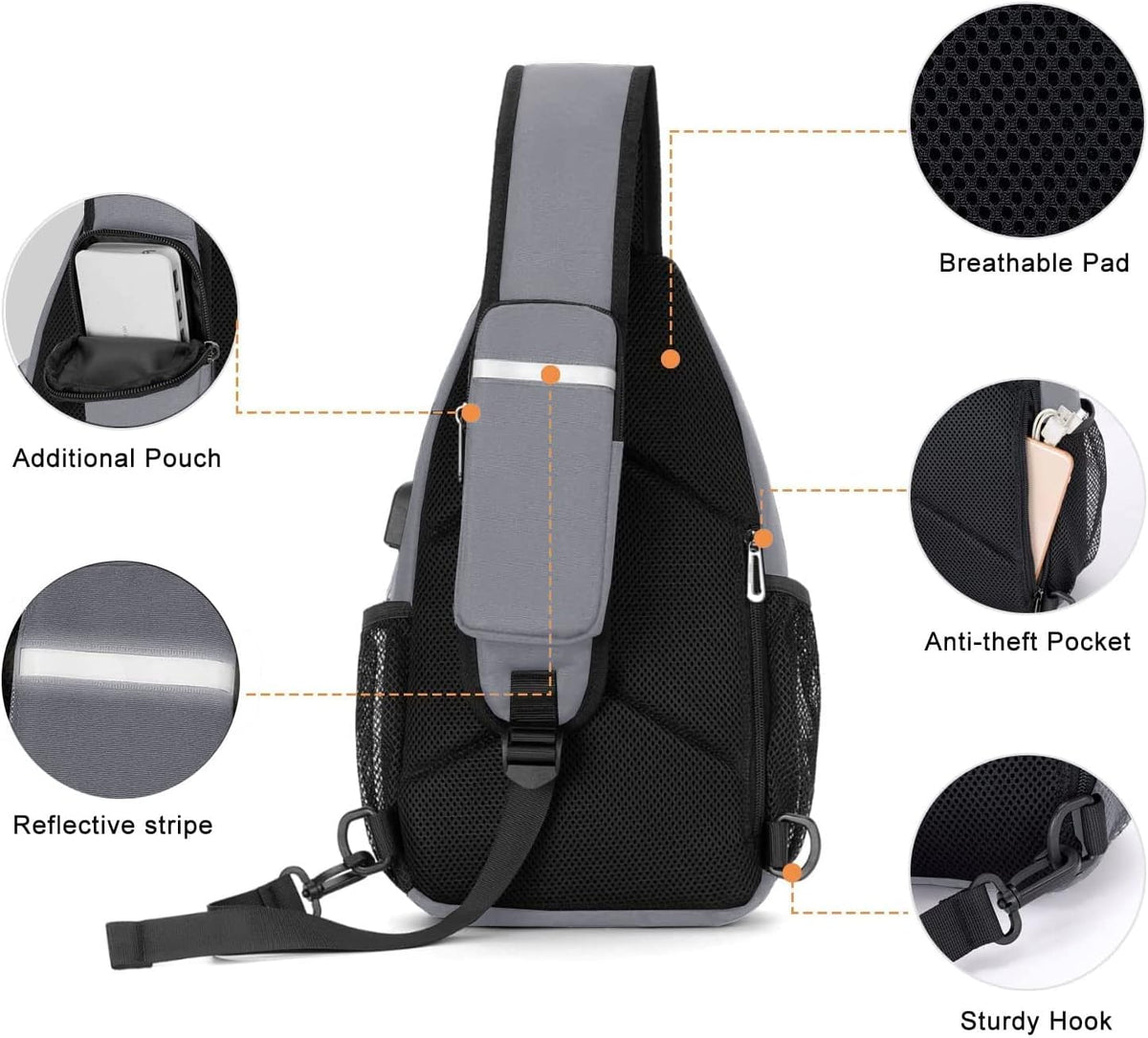 Sling Backpack Bag, Crossbody Shoulder Bag Travel Hiking Daypack Chest Bag with Front Square Pocket&USB Charging Port