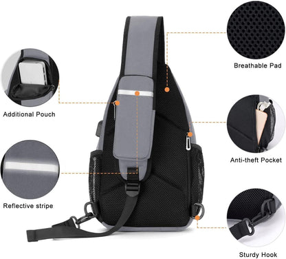 Sling Backpack Bag, Crossbody Shoulder Bag Travel Hiking Daypack Chest Bag with Front Square Pocket&USB Charging Port