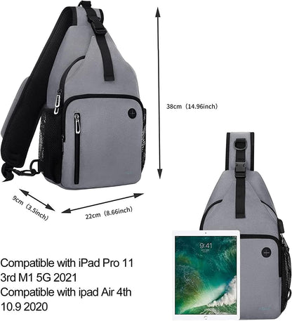 Sling Backpack Bag, Crossbody Shoulder Bag Travel Hiking Daypack Chest Bag with Front Square Pocket&USB Charging Port
