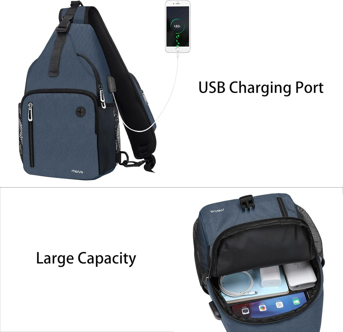 Sling Backpack Bag, Crossbody Shoulder Bag Travel Hiking Daypack Chest Bag with Front Square Pocket&USB Charging Port