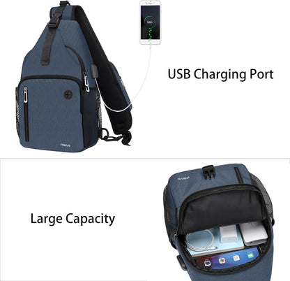 Sling Backpack Bag, Crossbody Shoulder Bag Travel Hiking Daypack Chest Bag with Front Square Pocket&USB Charging Port