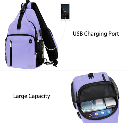 Sling Backpack Bag, Crossbody Shoulder Bag Travel Hiking Daypack Chest Bag with Front Square Pocket&USB Charging Port