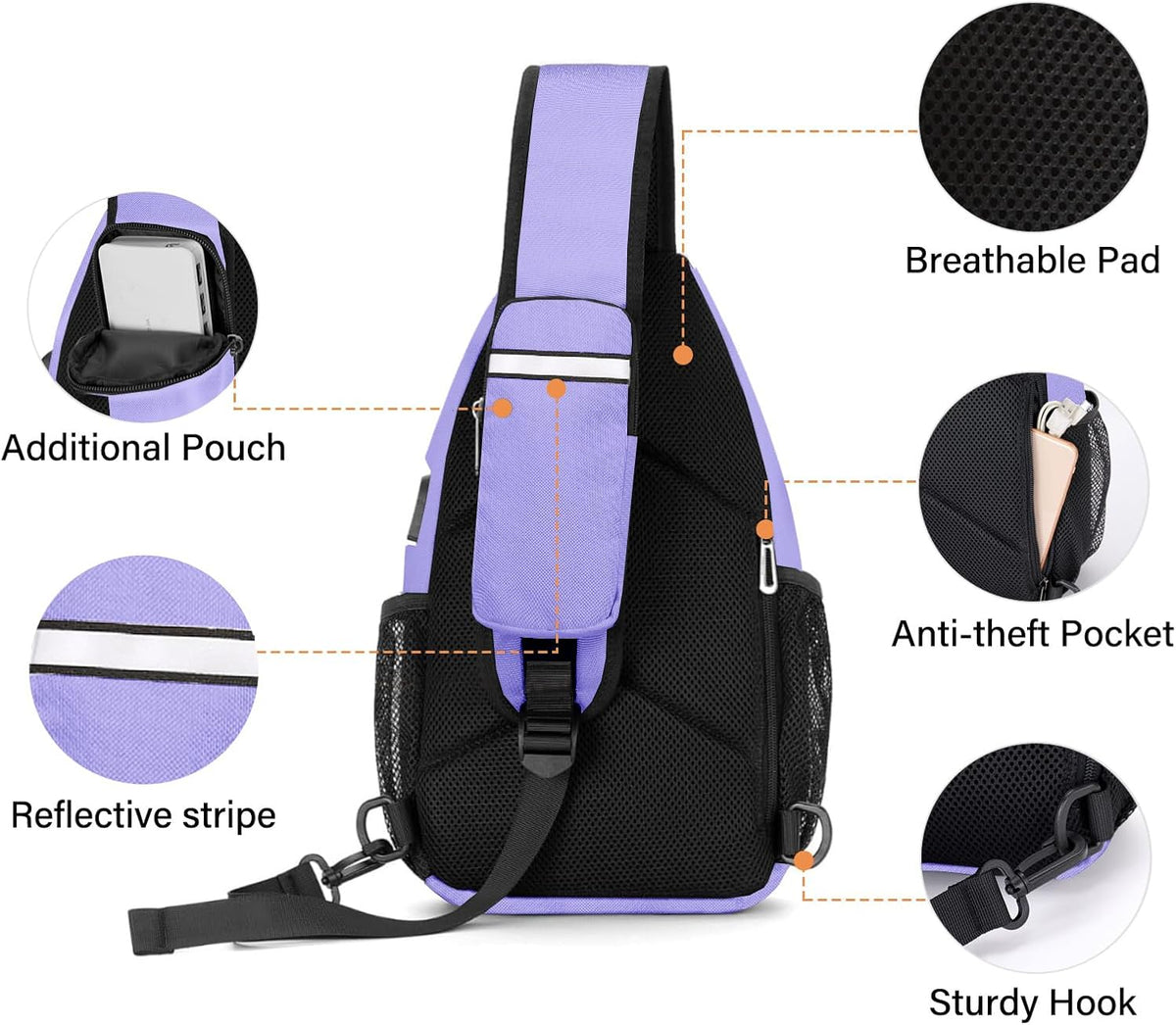 Sling Backpack Bag, Crossbody Shoulder Bag Travel Hiking Daypack Chest Bag with Front Square Pocket&USB Charging Port
