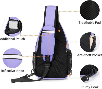 Sling Backpack Bag, Crossbody Shoulder Bag Travel Hiking Daypack Chest Bag with Front Square Pocket&USB Charging Port