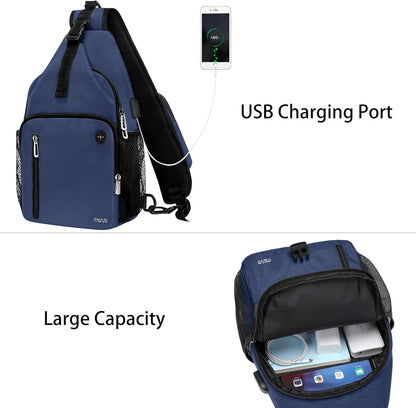 Sling Backpack Bag, Crossbody Shoulder Bag Travel Hiking Daypack Chest Bag with Front Square Pocket&USB Charging Port