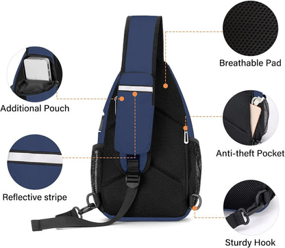 Sling Backpack Bag, Crossbody Shoulder Bag Travel Hiking Daypack Chest Bag with Front Square Pocket&USB Charging Port