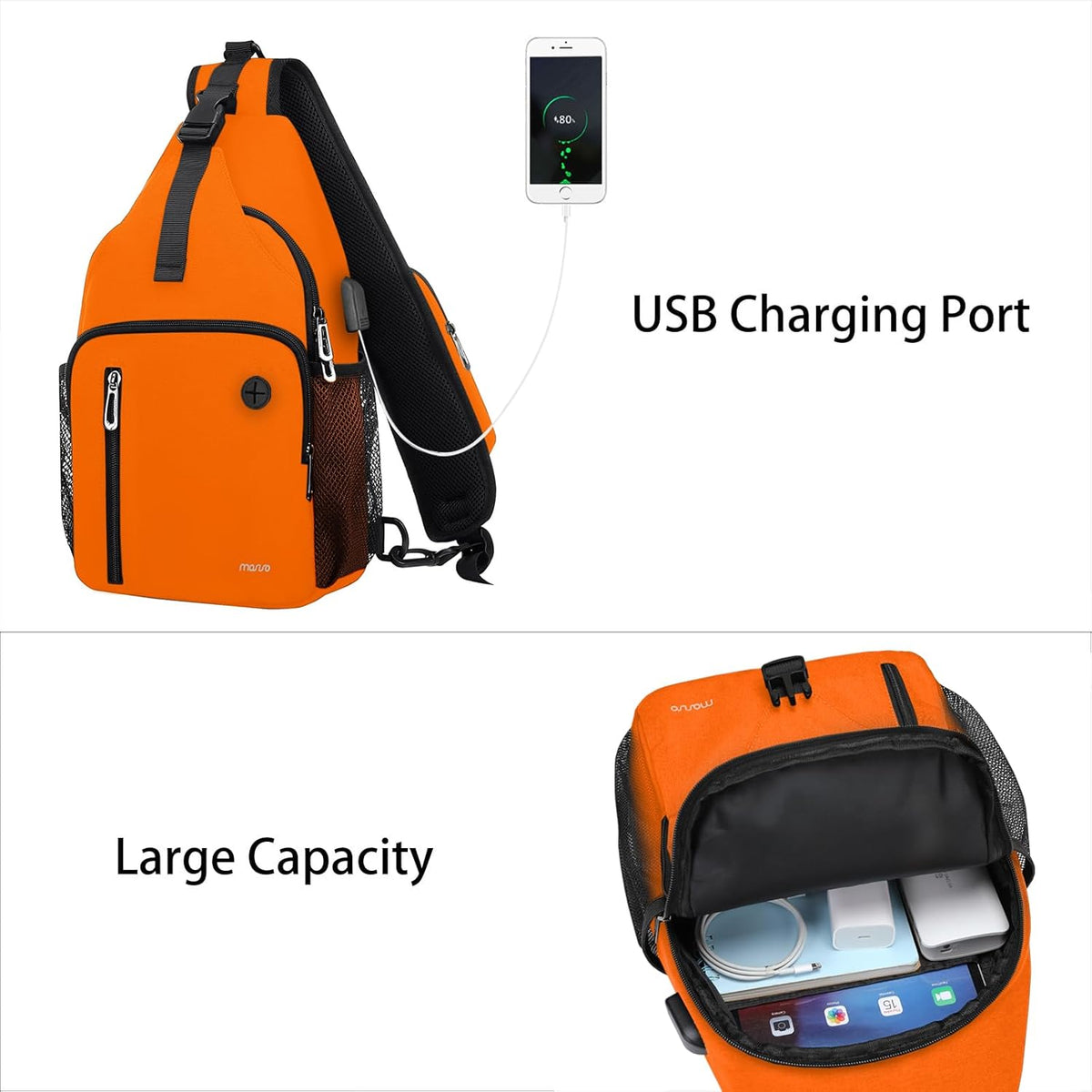 Sling Backpack Bag, Crossbody Shoulder Bag Travel Hiking Daypack Chest Bag with Front Square Pocket&USB Charging Port
