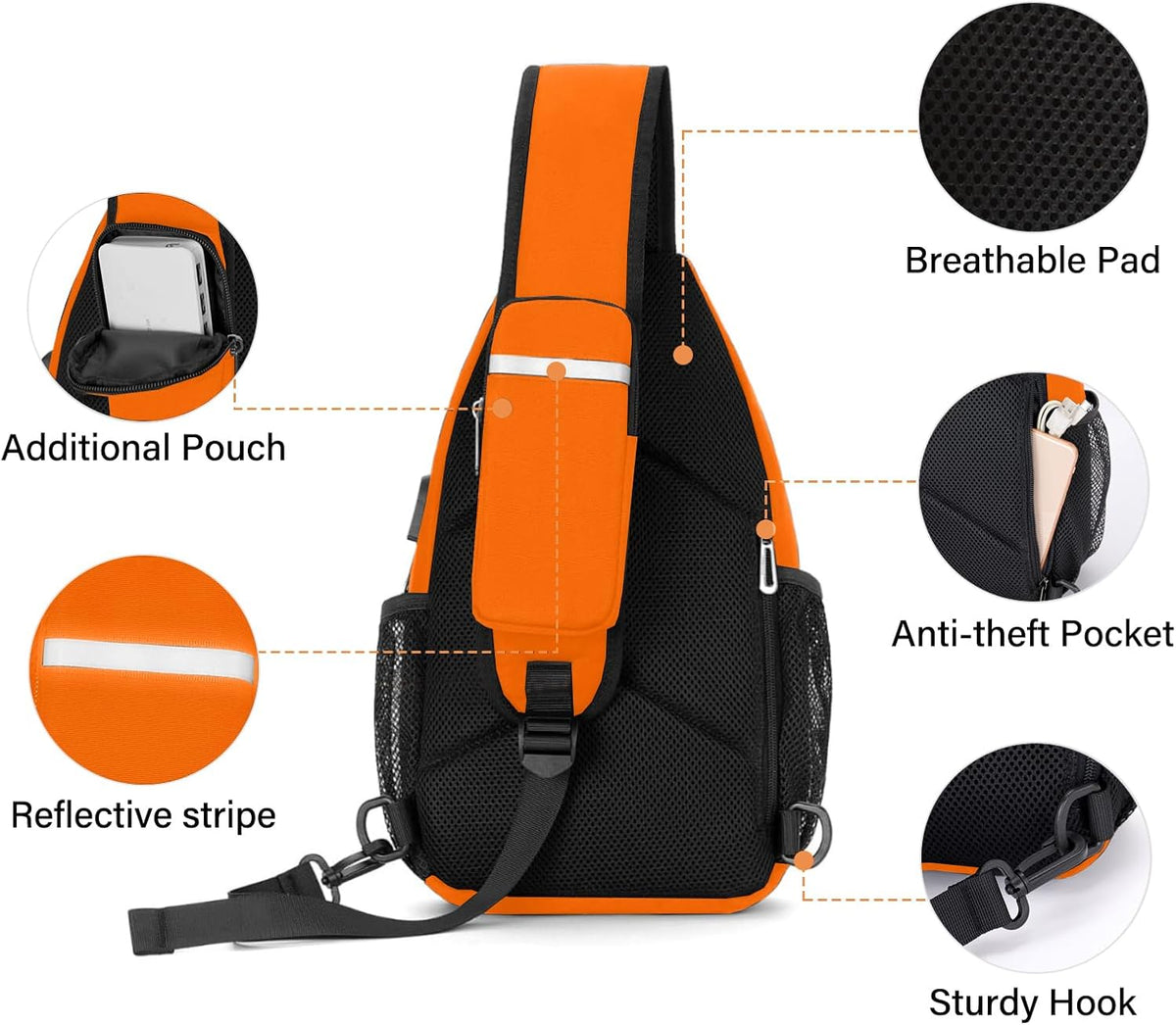 Sling Backpack Bag, Crossbody Shoulder Bag Travel Hiking Daypack Chest Bag with Front Square Pocket&USB Charging Port