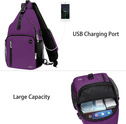 Sling Backpack Bag, Crossbody Shoulder Bag Travel Hiking Daypack Chest Bag with Front Square Pocket&USB Charging Port