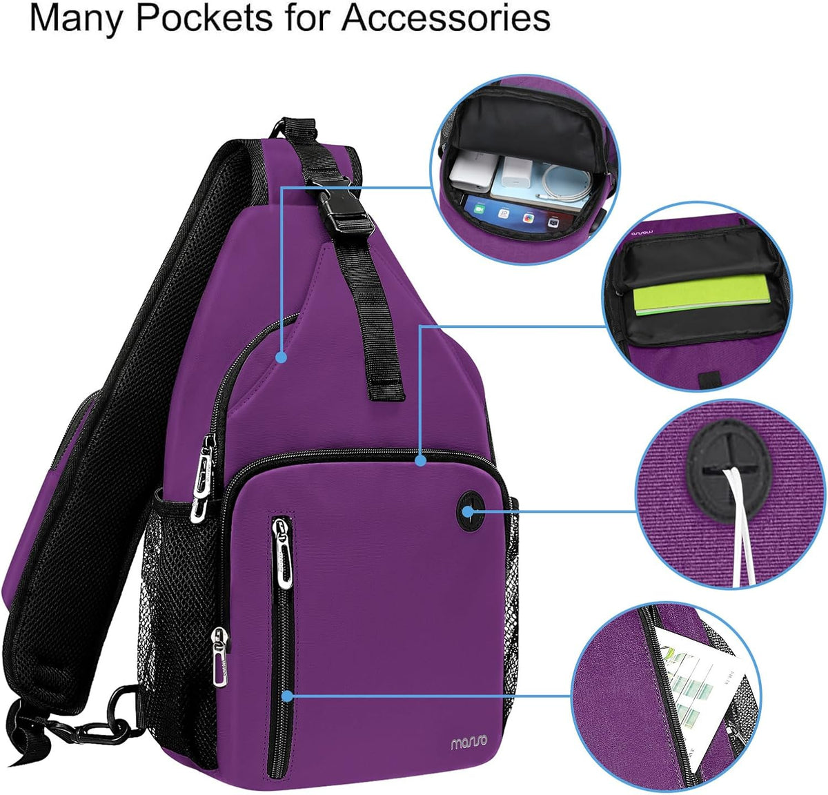 Sling Backpack Bag, Crossbody Shoulder Bag Travel Hiking Daypack Chest Bag with Front Square Pocket&USB Charging Port