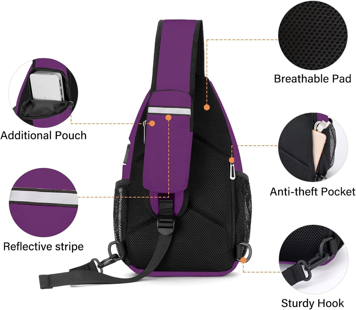 Sling Backpack Bag, Crossbody Shoulder Bag Travel Hiking Daypack Chest Bag with Front Square Pocket&USB Charging Port