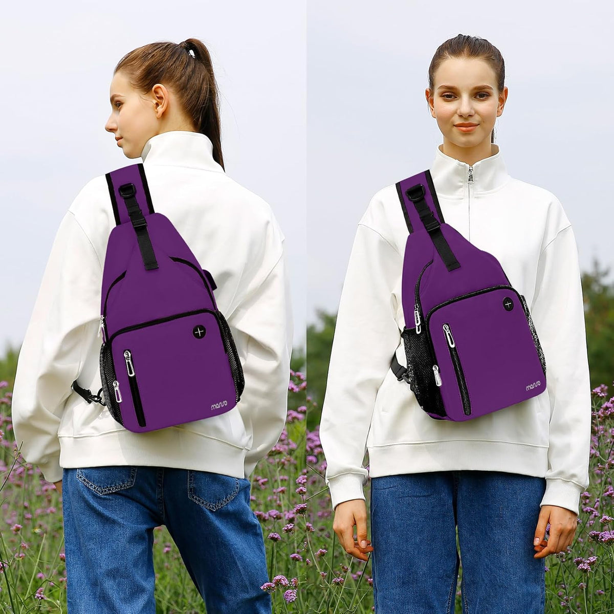 Sling Backpack Bag, Crossbody Shoulder Bag Travel Hiking Daypack Chest Bag with Front Square Pocket&USB Charging Port