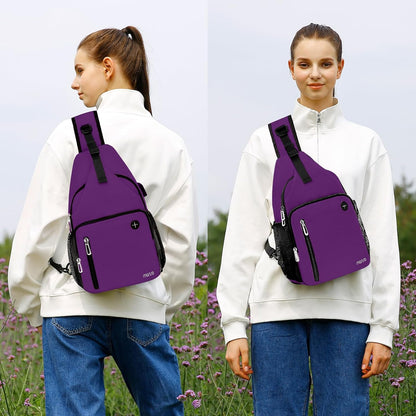 Sling Backpack Bag, Crossbody Shoulder Bag Travel Hiking Daypack Chest Bag with Front Square Pocket&USB Charging Port