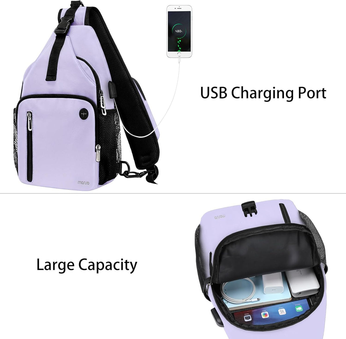 Sling Backpack Bag, Crossbody Shoulder Bag Travel Hiking Daypack Chest Bag with Front Square Pocket&USB Charging Port