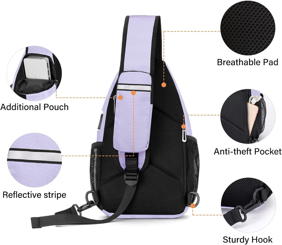 Sling Backpack Bag, Crossbody Shoulder Bag Travel Hiking Daypack Chest Bag with Front Square Pocket&USB Charging Port