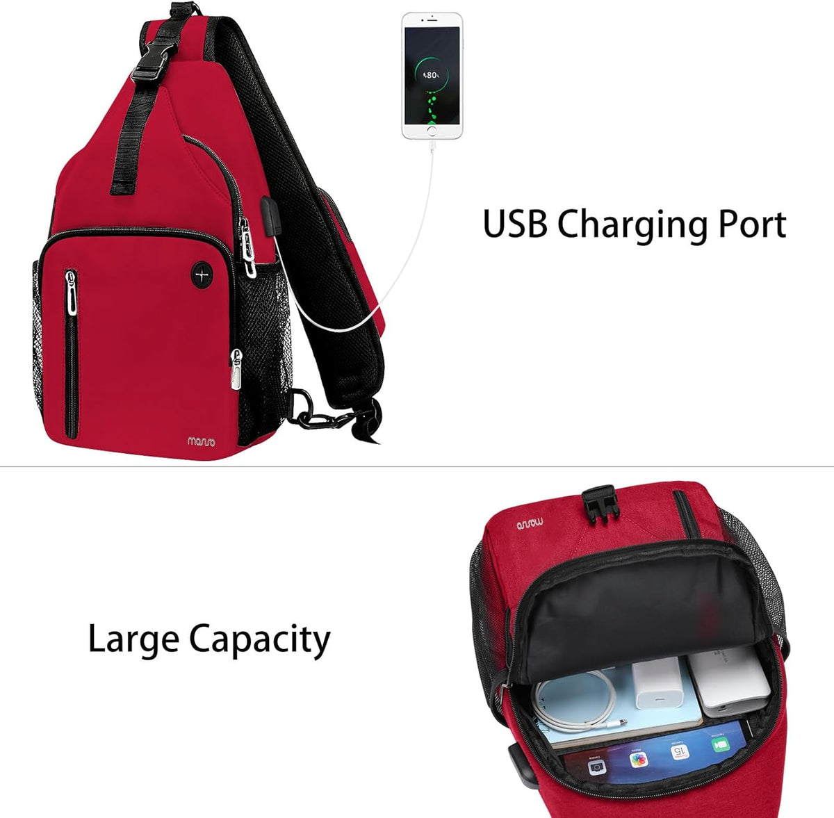Sling Backpack Bag, Crossbody Shoulder Bag Travel Hiking Daypack Chest Bag with Front Square Pocket&USB Charging Port