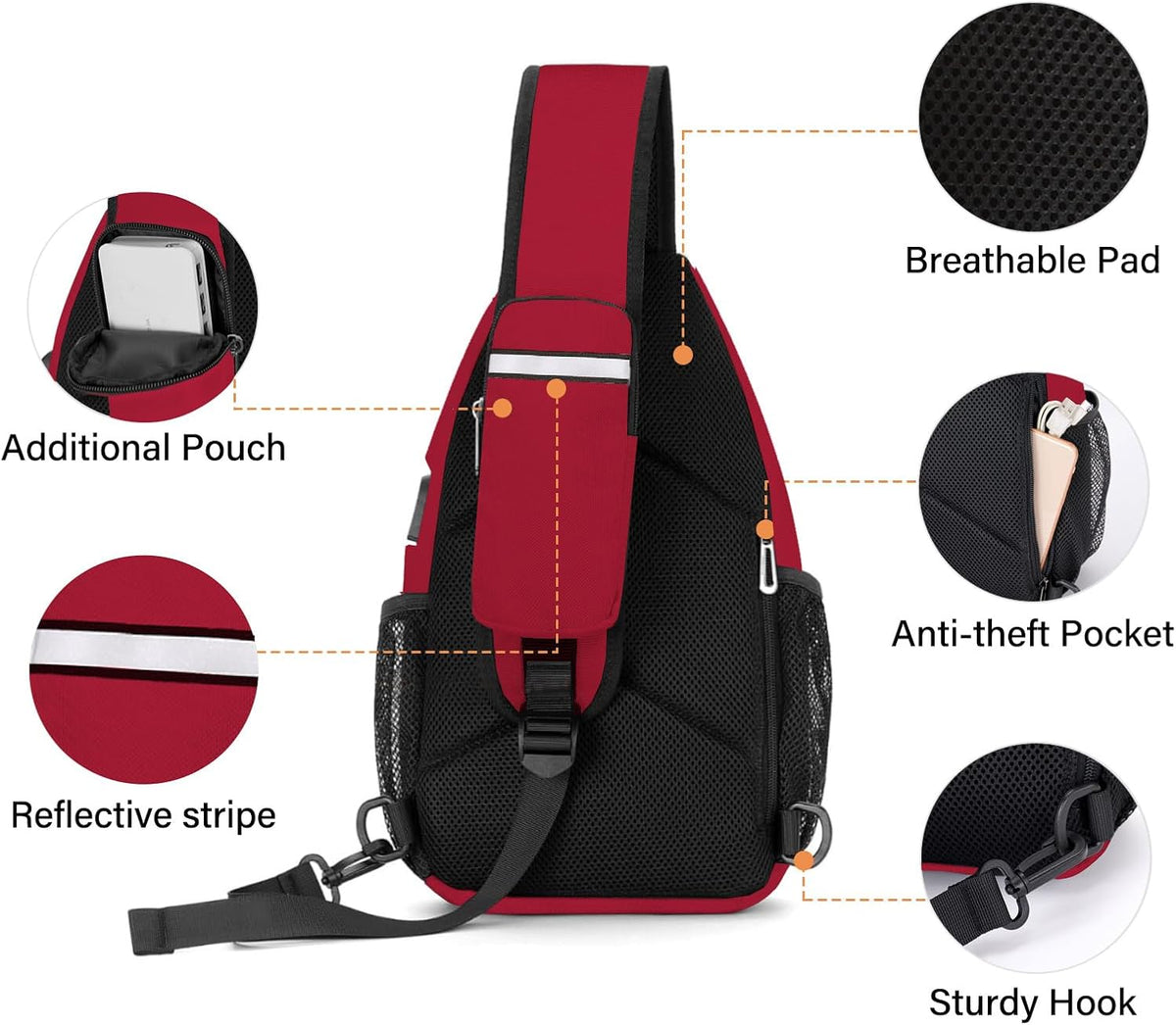 Sling Backpack Bag, Crossbody Shoulder Bag Travel Hiking Daypack Chest Bag with Front Square Pocket&USB Charging Port