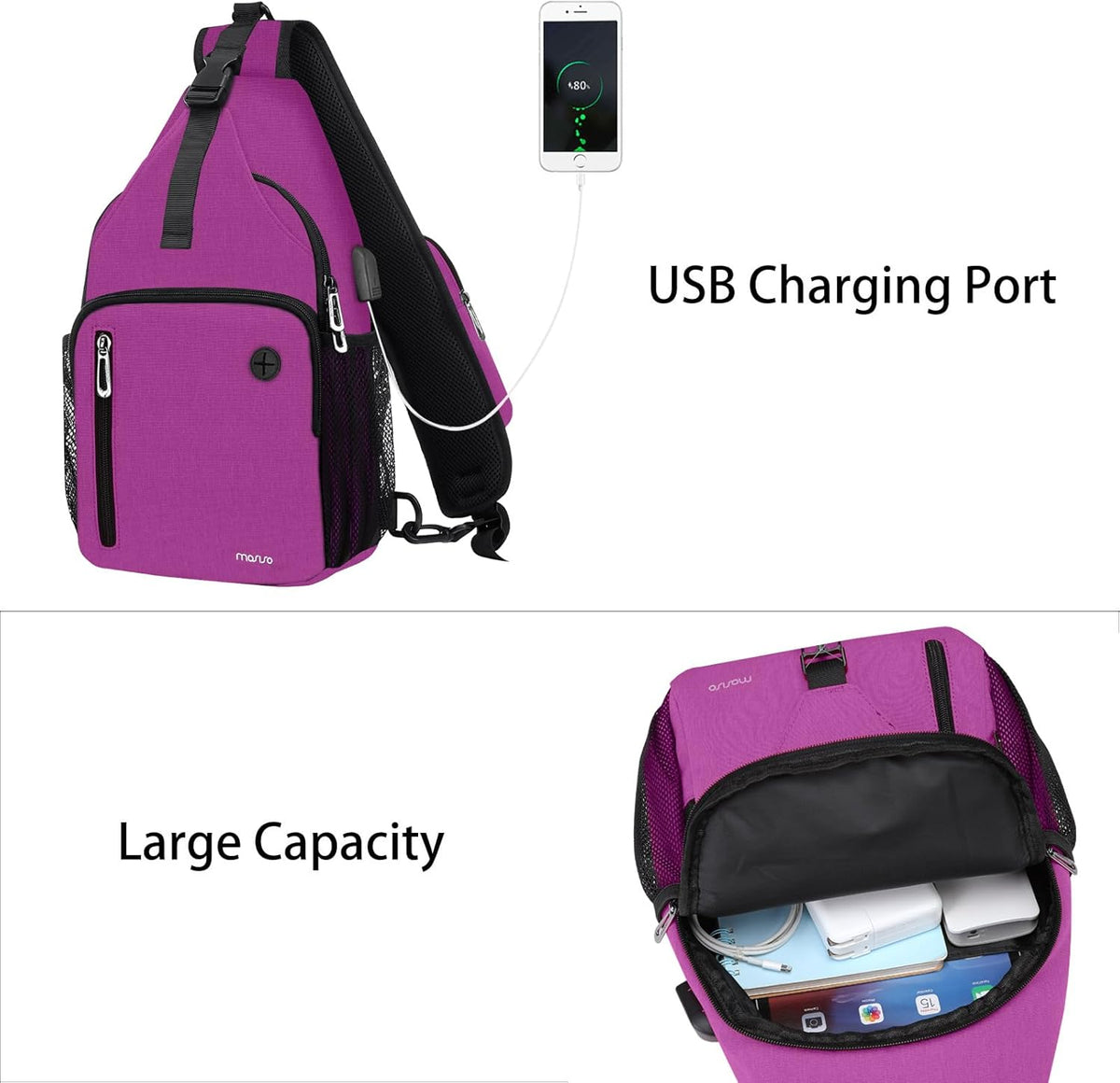 Sling Backpack Bag, Crossbody Shoulder Bag Travel Hiking Daypack Chest Bag with Front Square Pocket&USB Charging Port