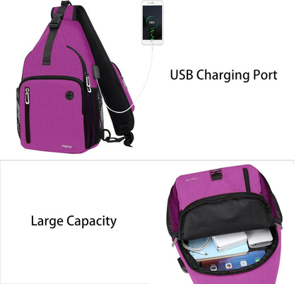 Sling Backpack Bag, Crossbody Shoulder Bag Travel Hiking Daypack Chest Bag with Front Square Pocket&USB Charging Port