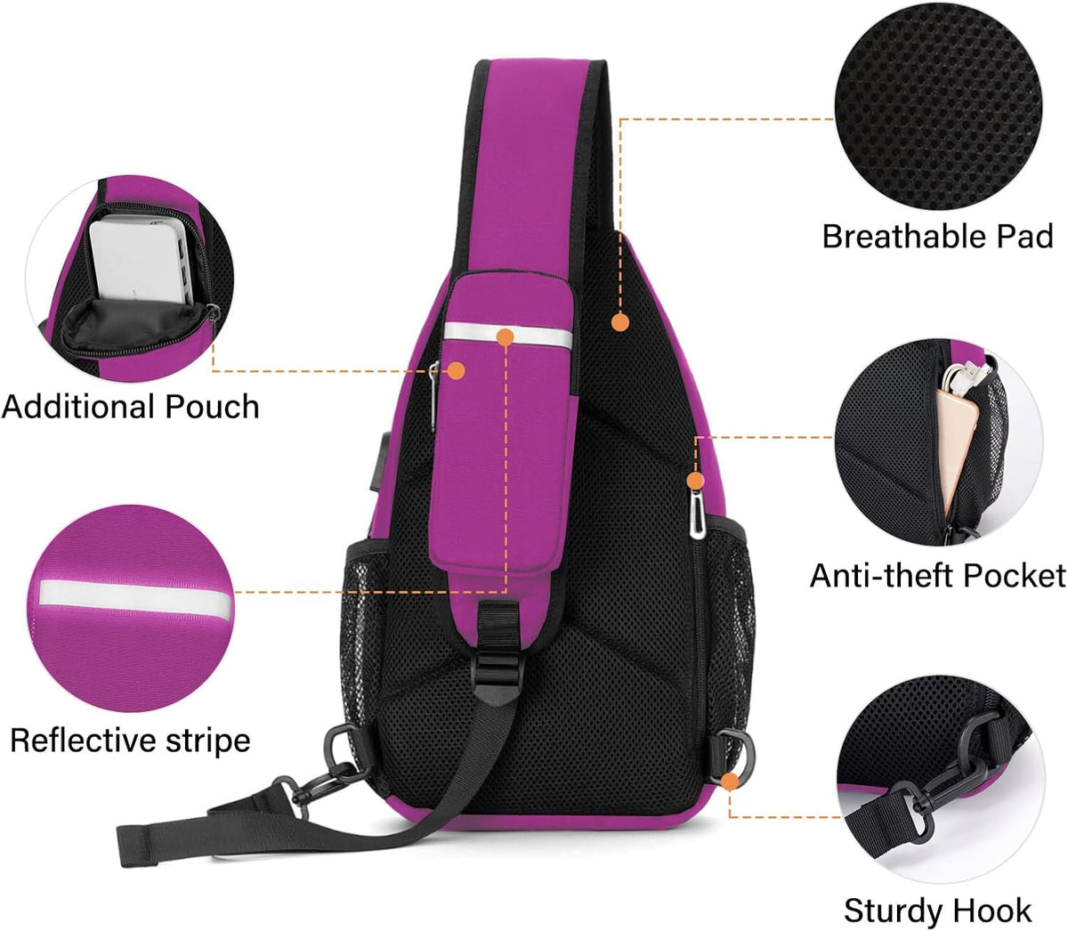 Sling Backpack Bag, Crossbody Shoulder Bag Travel Hiking Daypack Chest Bag with Front Square Pocket&USB Charging Port