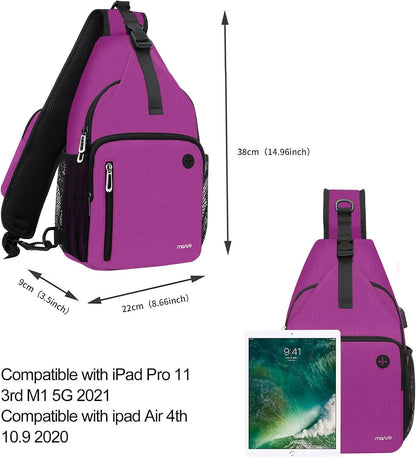 Sling Backpack Bag, Crossbody Shoulder Bag Travel Hiking Daypack Chest Bag with Front Square Pocket&USB Charging Port