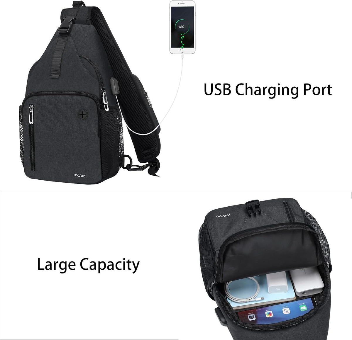 Sling Backpack Bag, Crossbody Shoulder Bag Travel Hiking Daypack Chest Bag with Front Square Pocket&USB Charging Port