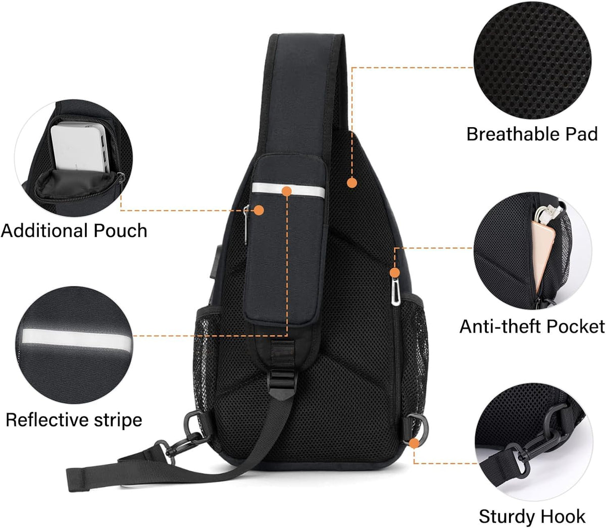 Sling Backpack Bag, Crossbody Shoulder Bag Travel Hiking Daypack Chest Bag with Front Square Pocket&USB Charging Port
