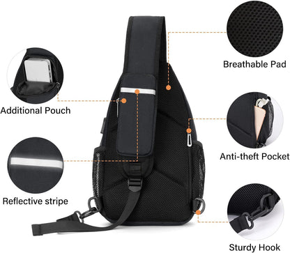 Sling Backpack Bag, Crossbody Shoulder Bag Travel Hiking Daypack Chest Bag with Front Square Pocket&USB Charging Port