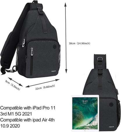 Sling Backpack Bag, Crossbody Shoulder Bag Travel Hiking Daypack Chest Bag with Front Square Pocket&USB Charging Port