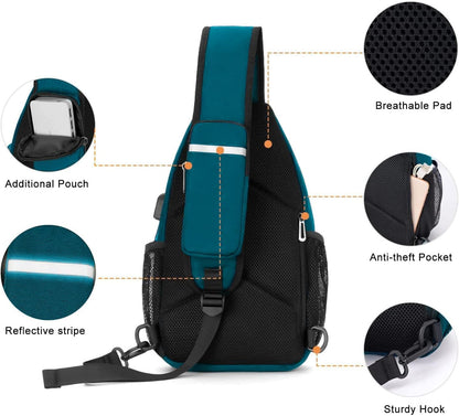 Sling Backpack Bag, Crossbody Shoulder Bag Travel Hiking Daypack Chest Bag with Front Square Pocket&USB Charging Port