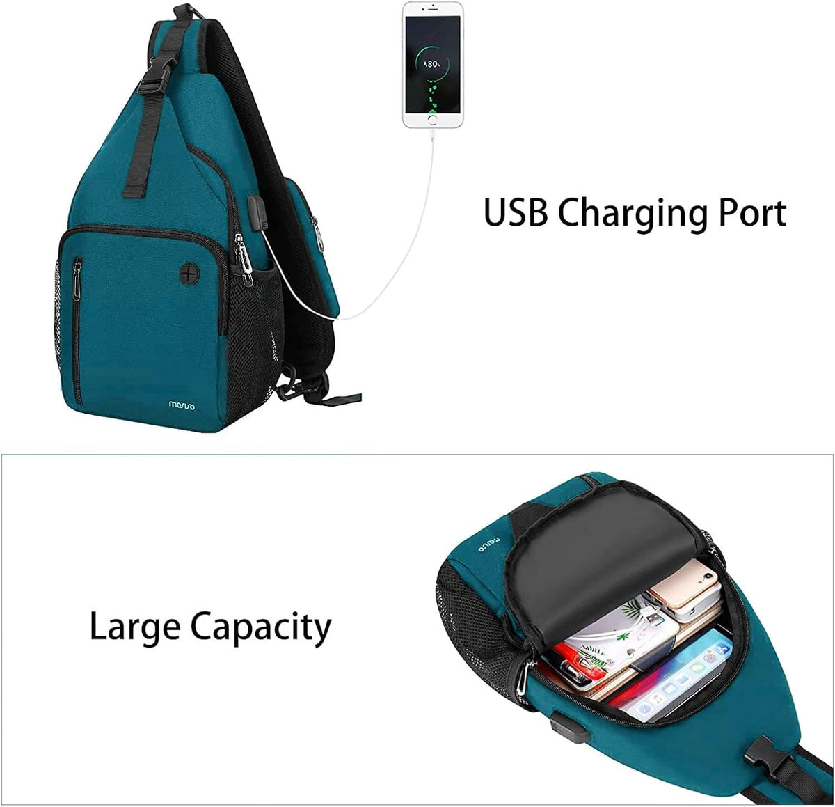 Sling Backpack Bag, Crossbody Shoulder Bag Travel Hiking Daypack Chest Bag with Front Square Pocket&USB Charging Port