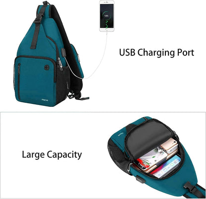 Sling Backpack Bag, Crossbody Shoulder Bag Travel Hiking Daypack Chest Bag with Front Square Pocket&USB Charging Port