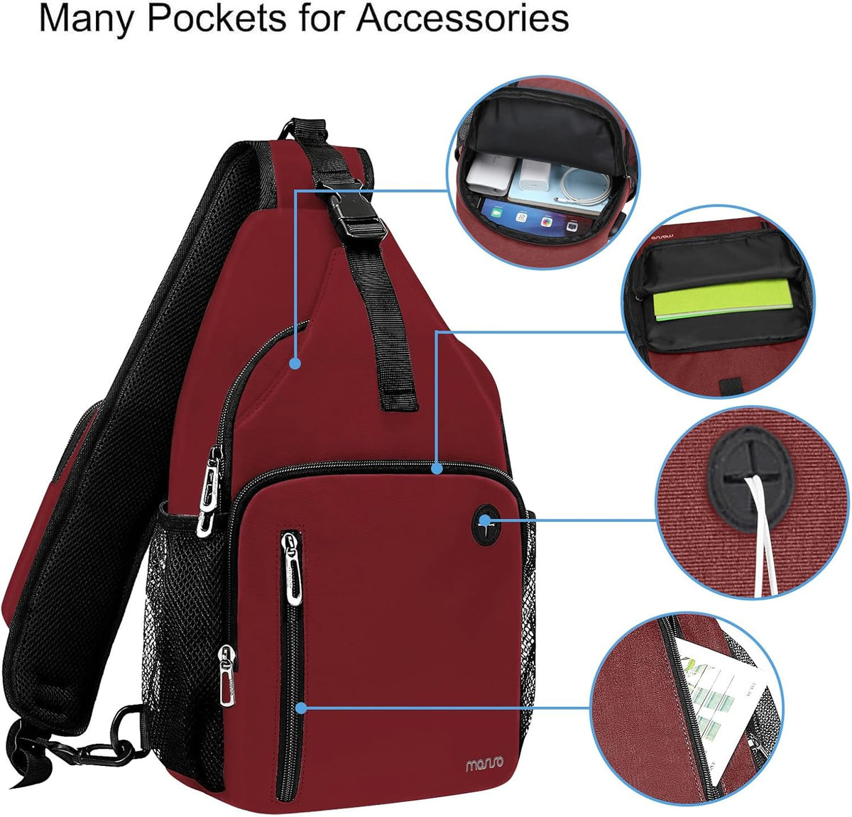 Sling Backpack Bag, Crossbody Shoulder Bag Travel Hiking Daypack Chest Bag with Front Square Pocket&USB Charging Port