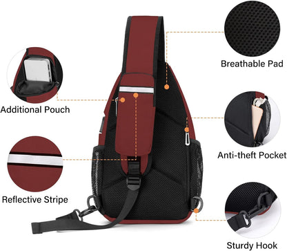 Sling Backpack Bag, Crossbody Shoulder Bag Travel Hiking Daypack Chest Bag with Front Square Pocket&USB Charging Port