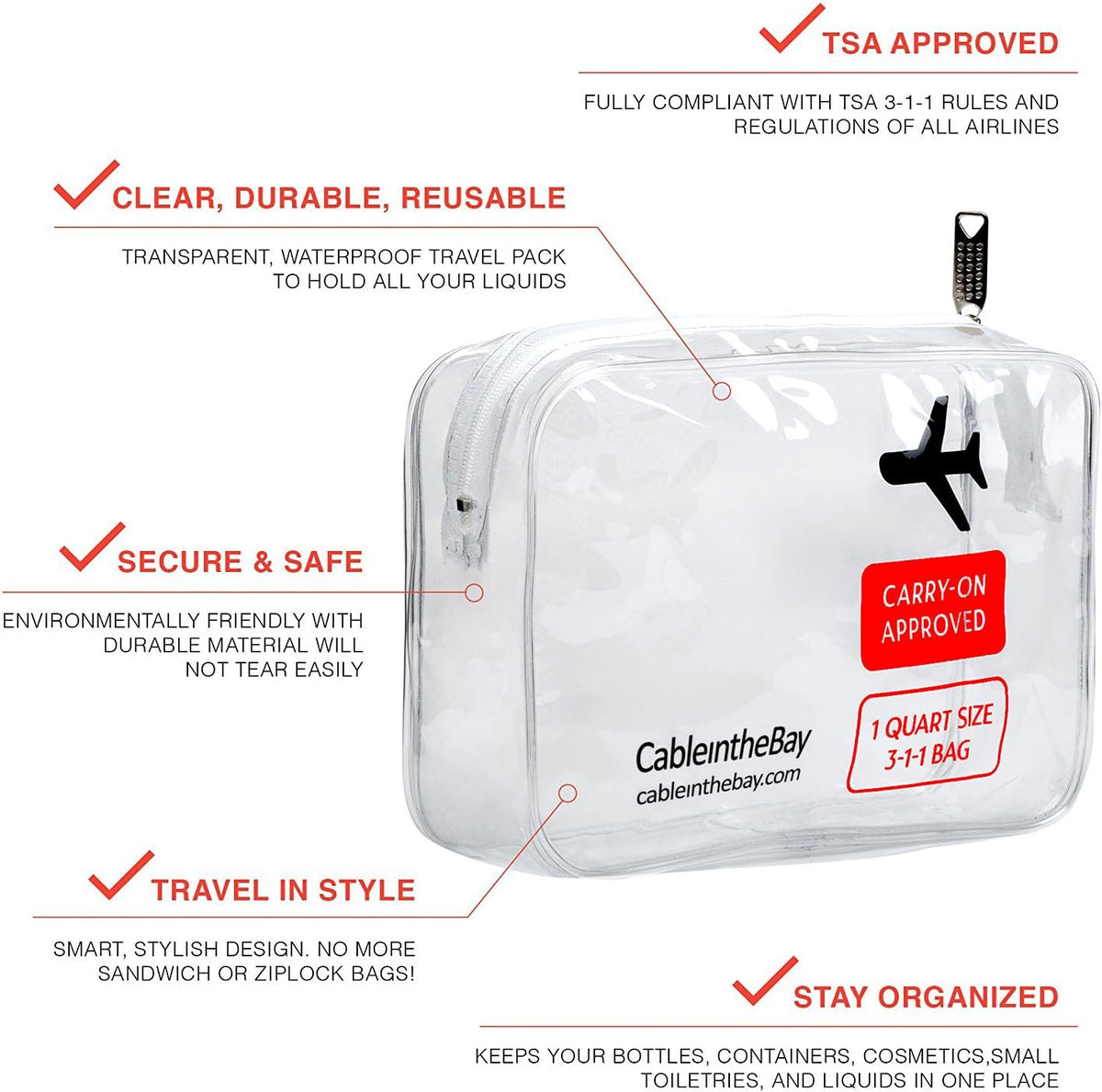 TSA Approved Clear Travel Toiletry Bag-Quart Sized with Zipper-Airport Airline Compliant Bag/Bottles-Men's/Women's 3-1-1 Kit+Travel