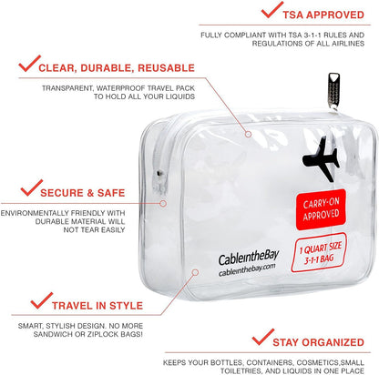 TSA Approved Clear Travel Toiletry Bag-Quart Sized with Zipper-Airport Airline Compliant Bag/Bottles-Men's/Women's 3-1-1 Kit+Travel