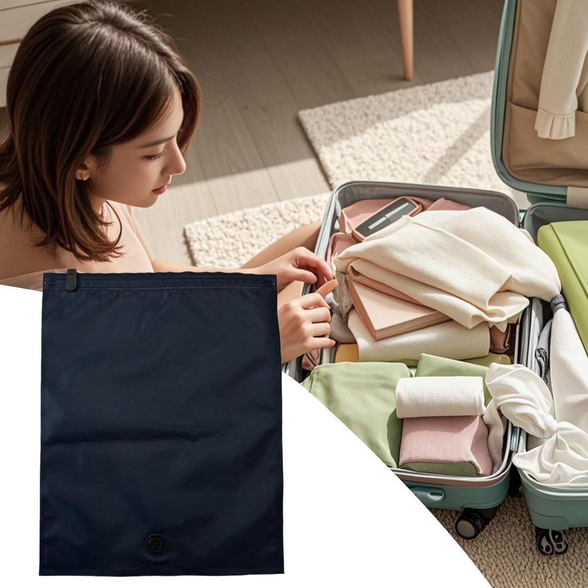 Compression Bags - Packing Cubes, 8 Piece Space Saving Pouches For Apparel, Manual Air Extraction Envelopes With Sliding Clip, Luggage Hardware, Wrap Folders For Trunk, Chest And Closet