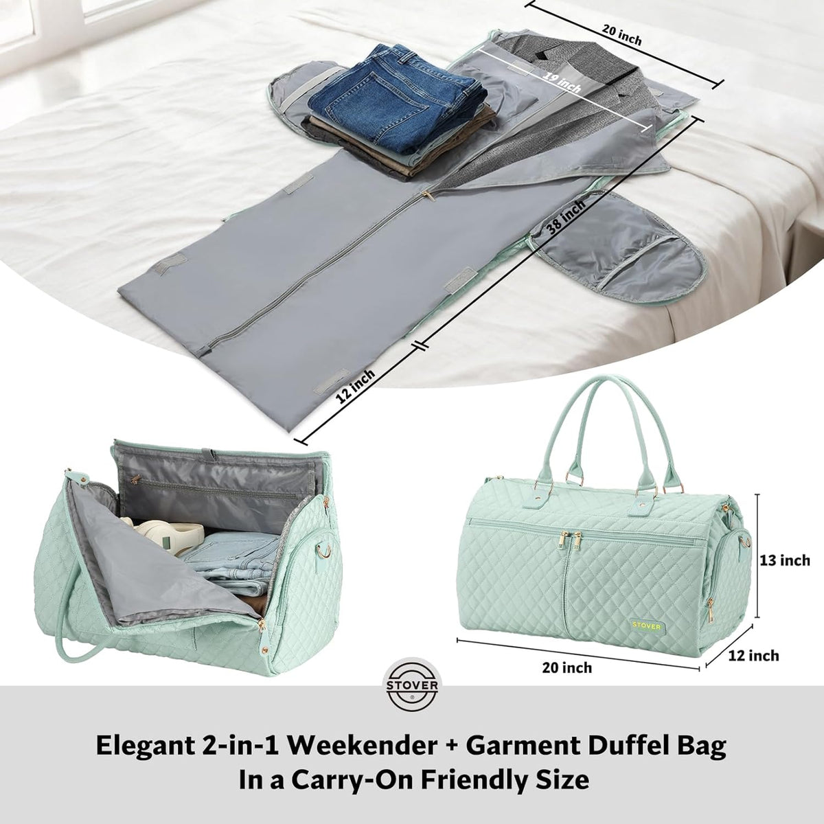 Women’s Convertible Garment Duffel Bag for Travel – 2-in-1 Carry-On Weekender/Overnight Tote - Wrinkle-Free Dresses, Suits & Clothes + Shoe Compartment & Bonus Toiletry Bag (Emerald Green)