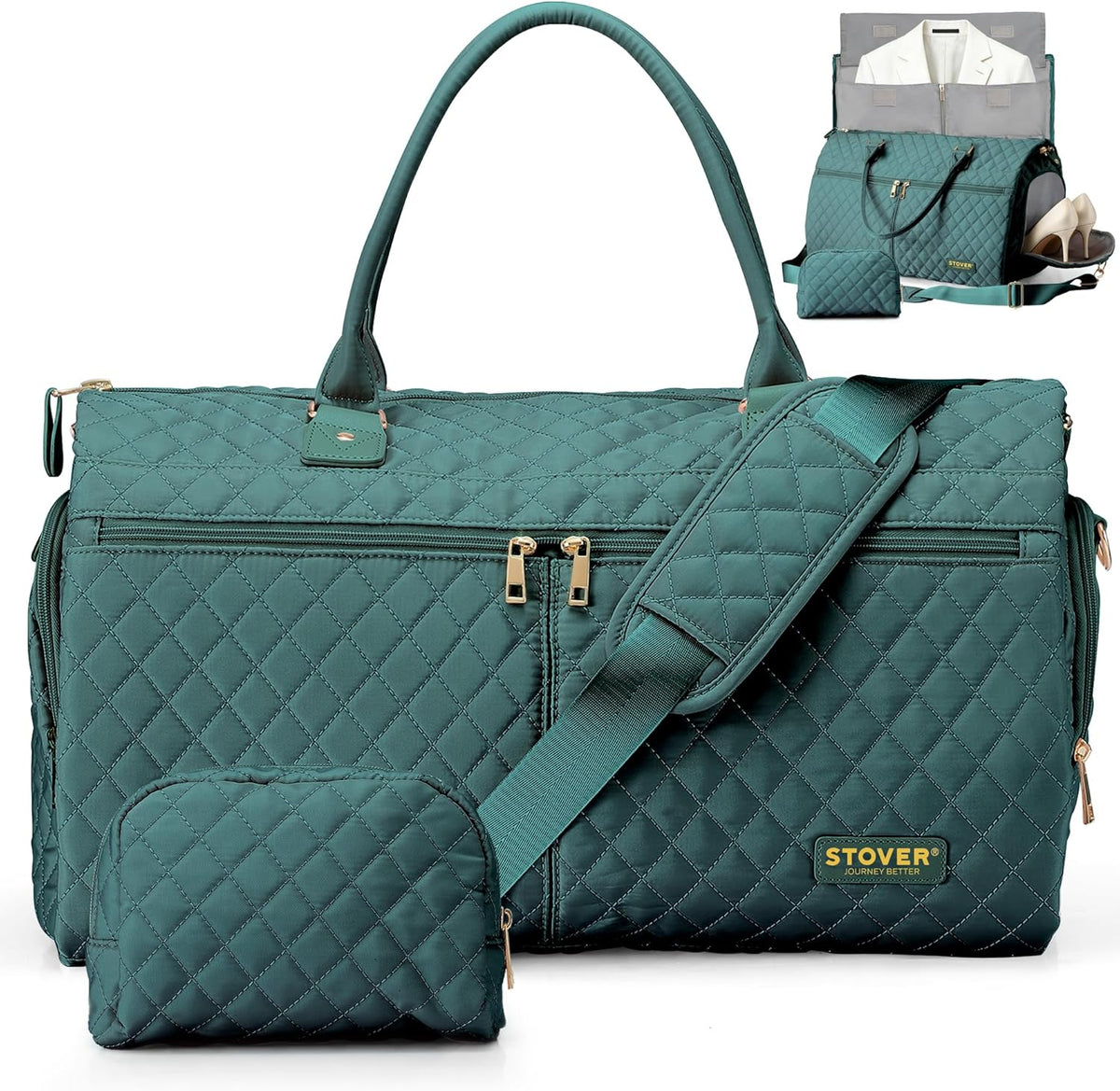 Women’s Convertible Garment Duffel Bag for Travel – 2-in-1 Carry-On Weekender/Overnight Tote - Wrinkle-Free Dresses, Suits & Clothes + Shoe Compartment & Bonus Toiletry Bag (Emerald Green)