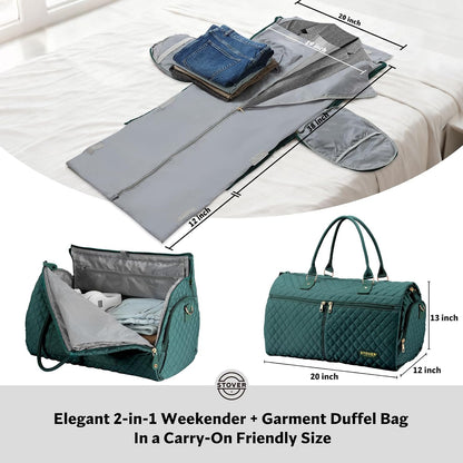 Women’s Convertible Garment Duffel Bag for Travel – 2-in-1 Carry-On Weekender/Overnight Tote - Wrinkle-Free Dresses, Suits & Clothes + Shoe Compartment & Bonus Toiletry Bag (Emerald Green)