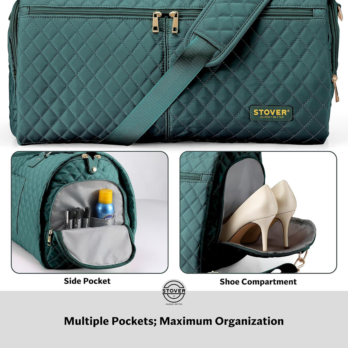 Women’s Convertible Garment Duffel Bag for Travel – 2-in-1 Carry-On Weekender/Overnight Tote - Wrinkle-Free Dresses, Suits & Clothes + Shoe Compartment & Bonus Toiletry Bag (Emerald Green)