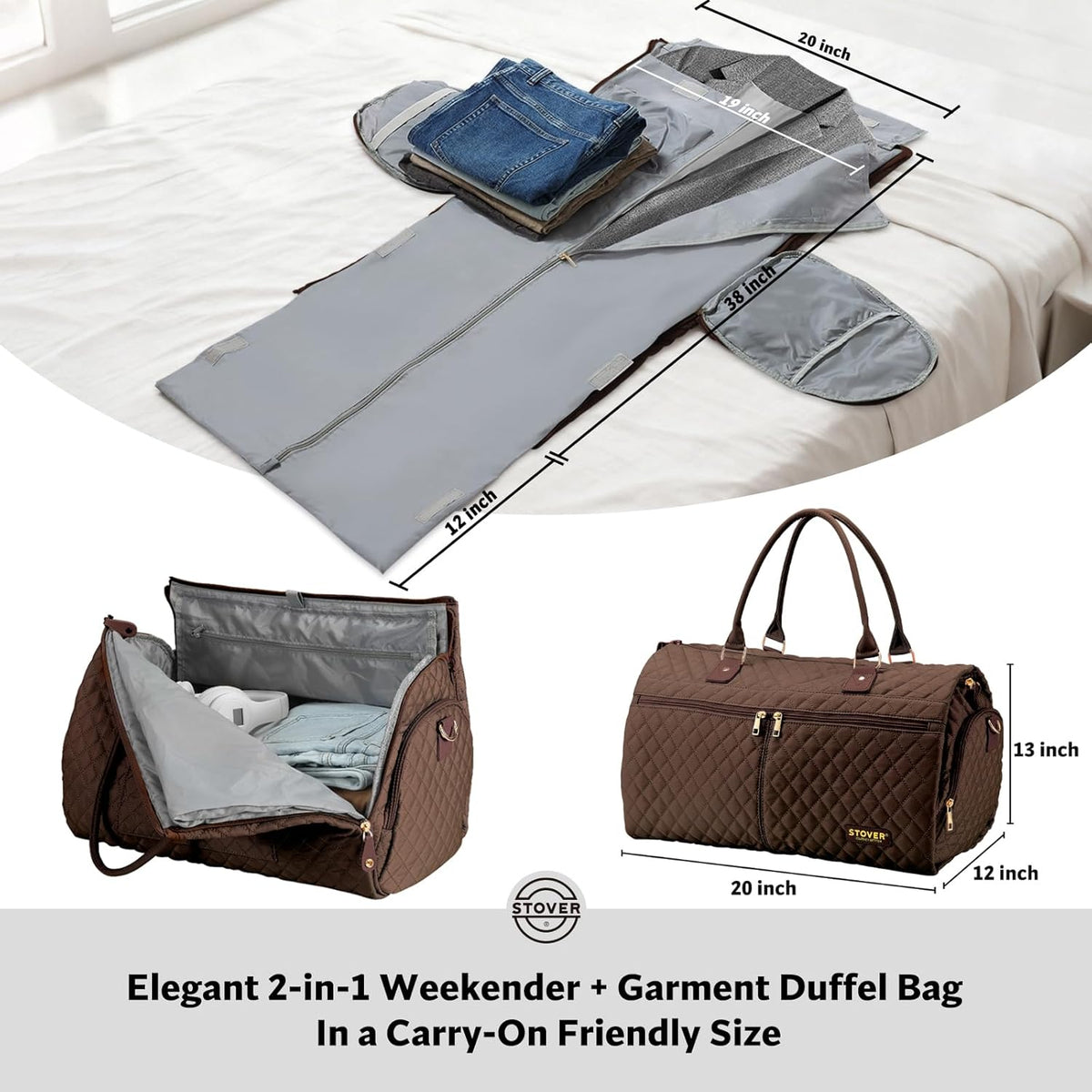 Women’s Convertible Garment Duffel Bag for Travel – 2-in-1 Carry-On Weekender/Overnight Tote - Wrinkle-Free Dresses, Suits & Clothes + Shoe Compartment & Bonus Toiletry Bag (Emerald Green)